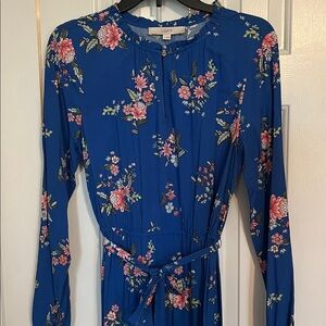 LOFT Blue Floral Long Sleeve Midi Dress with Tie Waist